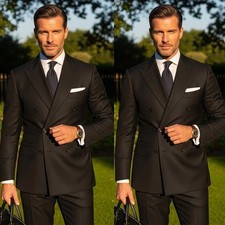 Men's Suits Classic Black Peak Lapel Double Breasted Formal Blazer Trousers 2Pcs