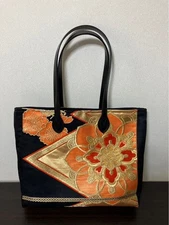 Kimono Obi Remake Bag Tote Handbag Black Butterfly A4 25x36x8Cm USED, K