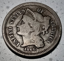 1866 Three Cent Nickel Piece 3cN Ungraded Post-Civil War