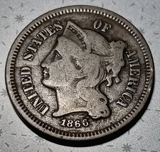 1866 Three Cent Nickel Piece 3cN Ungraded Post-Civil War