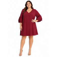 Belongsci Shift Dress Plus XXL Burgundy Red V-Neck Bell Sleeve Ruffle Cuff New
