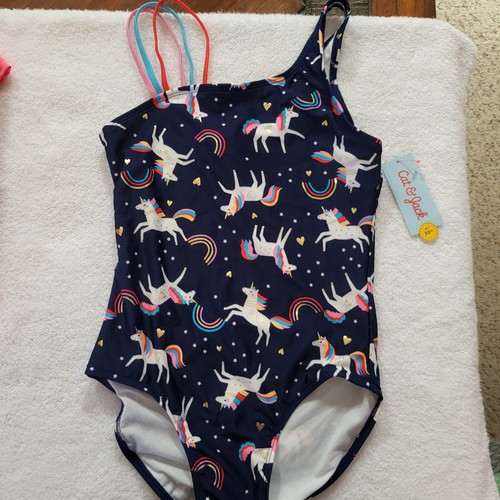 New Girls 1pc Swimsuit Sz XL 14 By Cat & Jack Unicorn Sparkle Gold Accent Color
