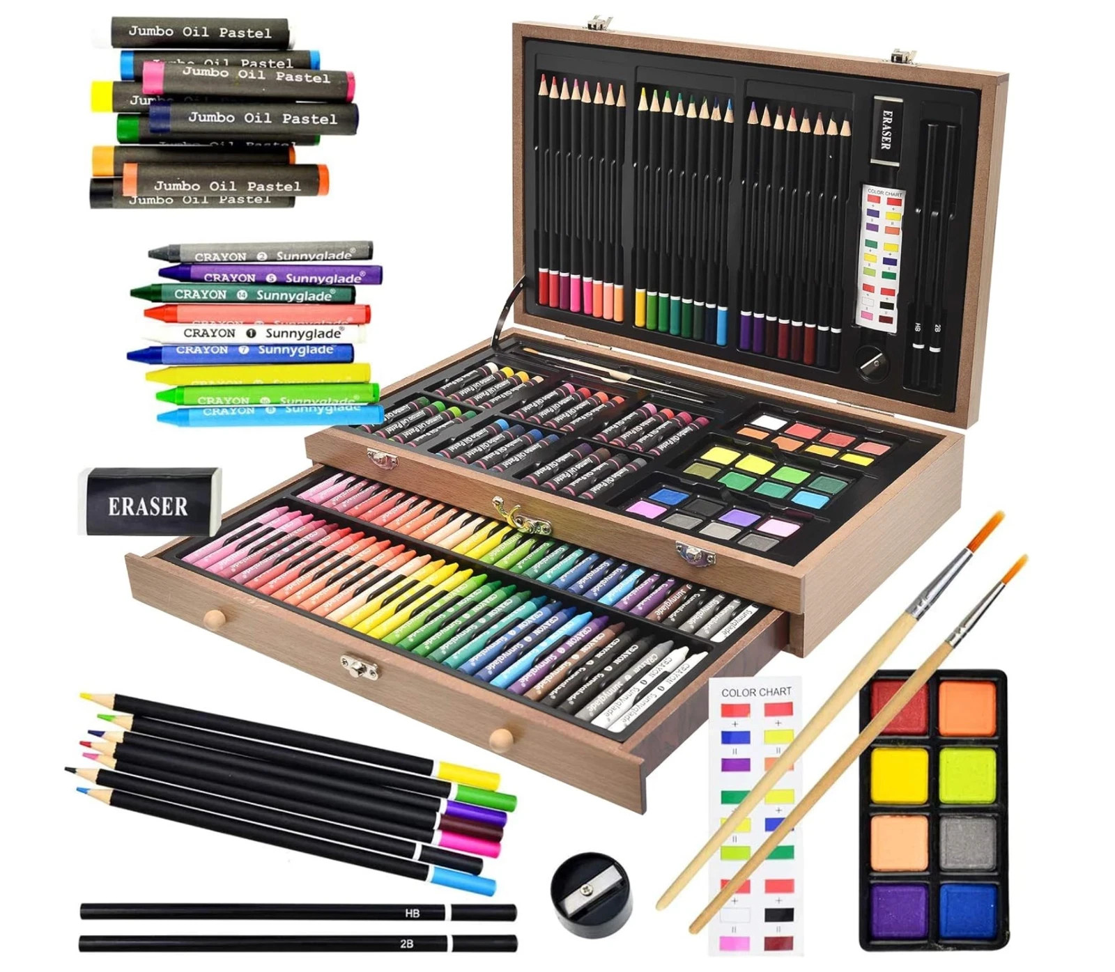 145 Piece Deluxe Art Set Wooden Art Box & Drawing Kit with Crayons Oil Pastels..