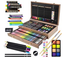 145 Piece Deluxe Art Set Wooden Art Box  Drawing Kit with Crayons Oil Pastels..