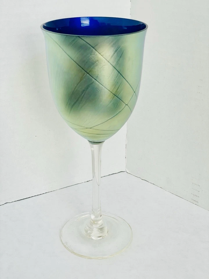 Steven Maslach-Iridescent Wine Glass Handmade Art Glass Signed 1981 - Image 3 of 4