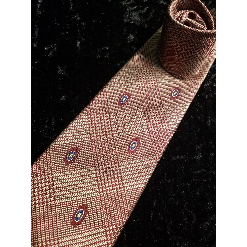 Corbata geométrica vintage Oleg Cassini para hombre marrón azul amarillo a cuadros ropa profesional Foto 4 de 4