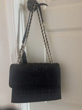 Tory Burch Black Quilted Shoulder Bag with Chain Strap and Logo Accent