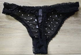 Victoria's Secret Dream Angels Black Sheer Mesh Dots Ruffled Thong Panties M