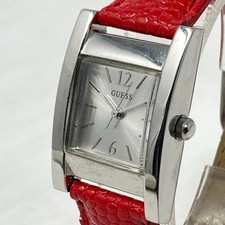 Guess Watch Women 22mm Silver Tone Square Red Leather Band New Battery 8"