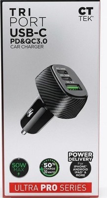 New CT TEK 50W USB-C Car Charger Tri-Port PD Fast Charge Carbon Fiber Ultra Pro