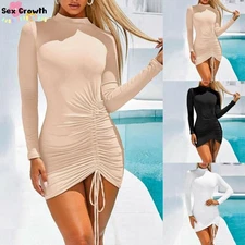 Sexy Women Ruched Bodycon Dress O Neck Drawstring Long Sleeve Party Mini Dress