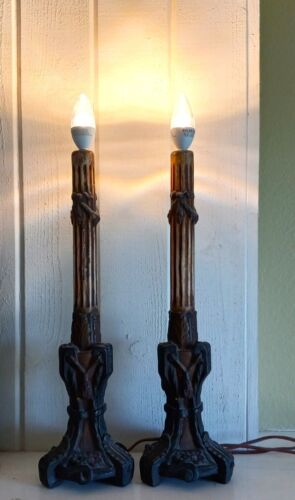 Antique Vintage Mantle Buffet 2 Lamps Tudor Spanish Revival Candlesticks