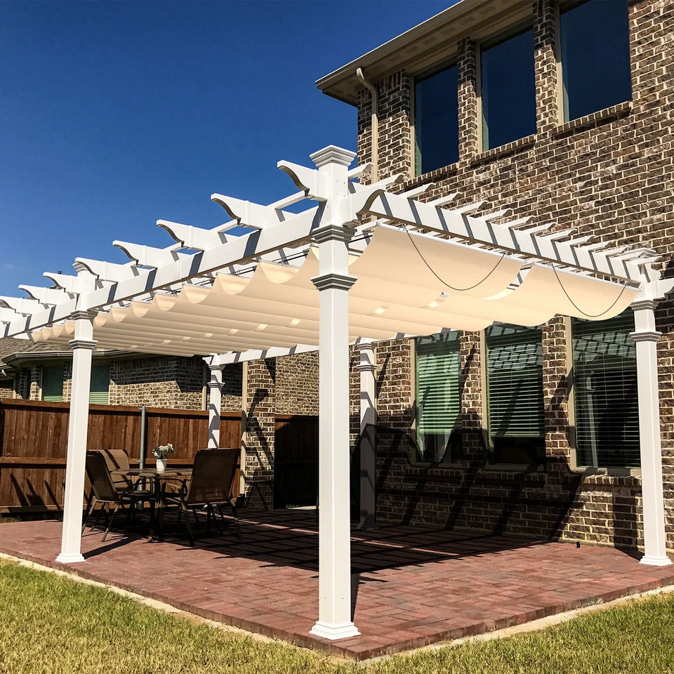 Waterproof Retractable Pergola Replacement Shade Cover Wave Sail Awning-Beige - Image 4 of 4
