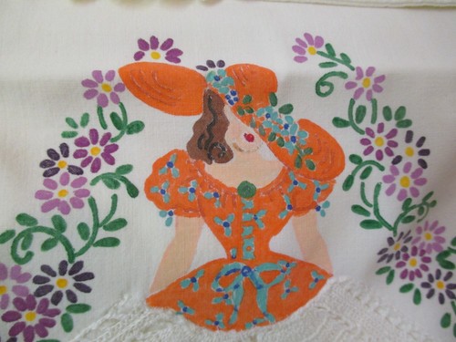 Vintage pair cotton Pillowcases Painted Southern Belle with Crochet Skirt - Picture 2 of 4