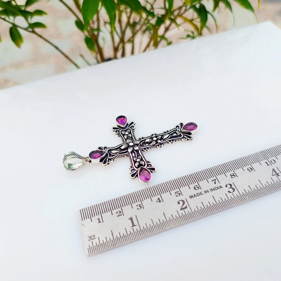 Amethyst Cross Pendant 925 Sterling Silver Handmade Gemstone Jewelry 2.83" - Image 4 of 4