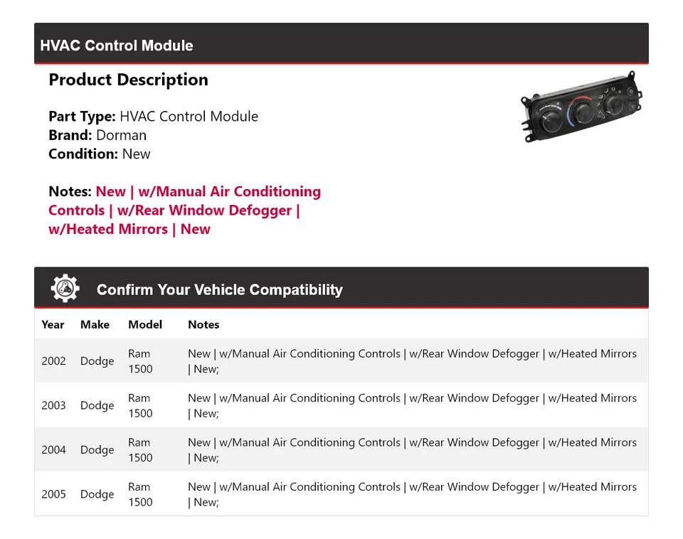 Módulo de control de climatización 2003 2004 para Dodge Ram 1500 Dorman 2002-2005 Foto 2 de 4