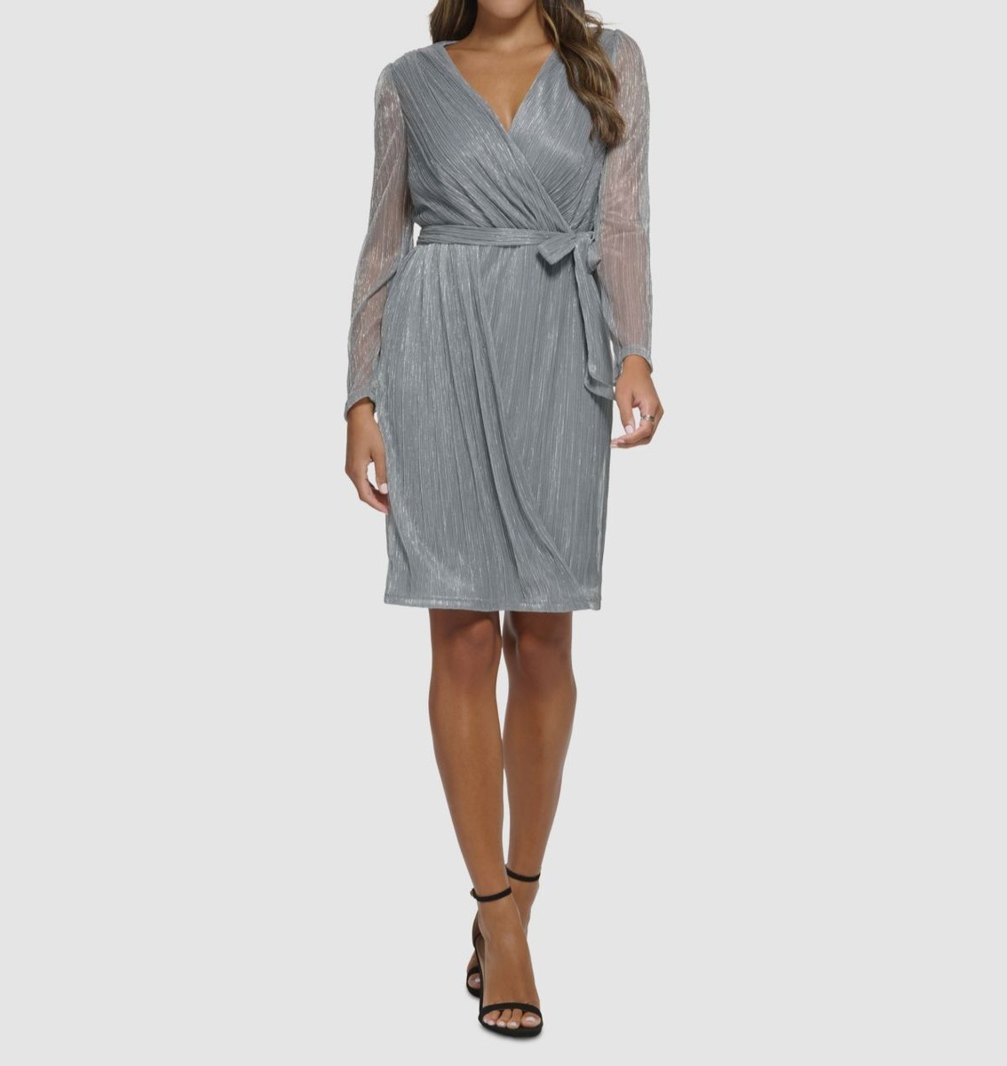 dkny grey dress Women's Silver Crinkled Metallic V-Neck Self-Tie A-Line Size 10 Over 50% Off