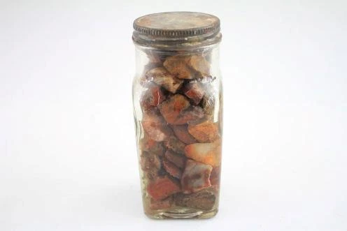 Tasmanian Gemstone Material in Vintage Cream Jar Agate Onyx Wood Fern Etc - Picture 4 of 7