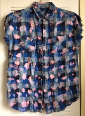 Black Jack Men's Medium Button Up SS Cotton BluePink Plaid Pockets ~EUC~