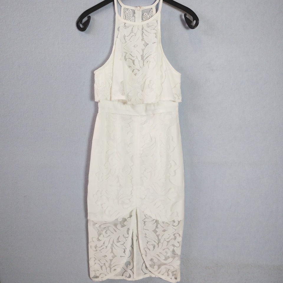 Dotti Women Size 8 White Lace Halter Neck Bodycon Dress Lined Sleeveless Party