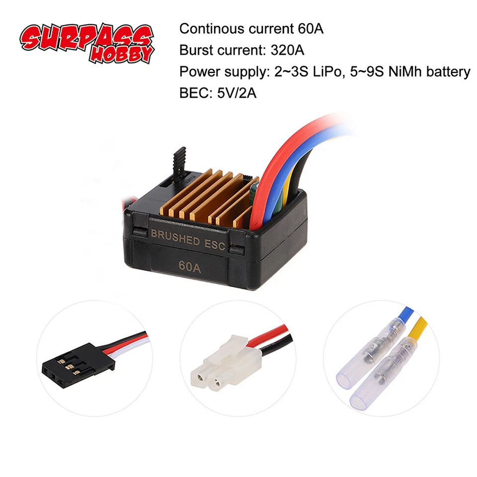 SURPASS HOBBY 60A Brushed ESC for 1/10 RC Tamiya Traxxas Wltoys 540 550 Motor - Image 4 of 4