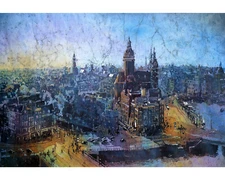 Skyline of Amsterdam watercolor batik painting.  Print of sunset in Amsterdam
