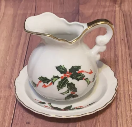Lefton China Hand Painted Holly Berries Creamer & Saucer Mini Set 