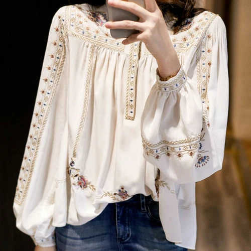 Dama Bordada Floral Blusa Camisa Prendas para el torso Suelta Étnica Retro Elegante Elegante