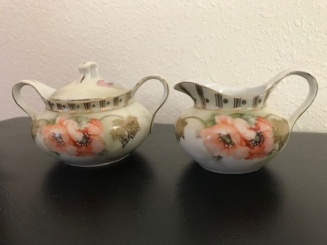 Antique Porcelain Erdmann Schlegelmilch Sugar and Creamer with Red Poppies