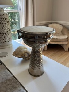 Vintage Doumbek Metal Nickel Darbuka Hand Engraved Drum 13 inches tall