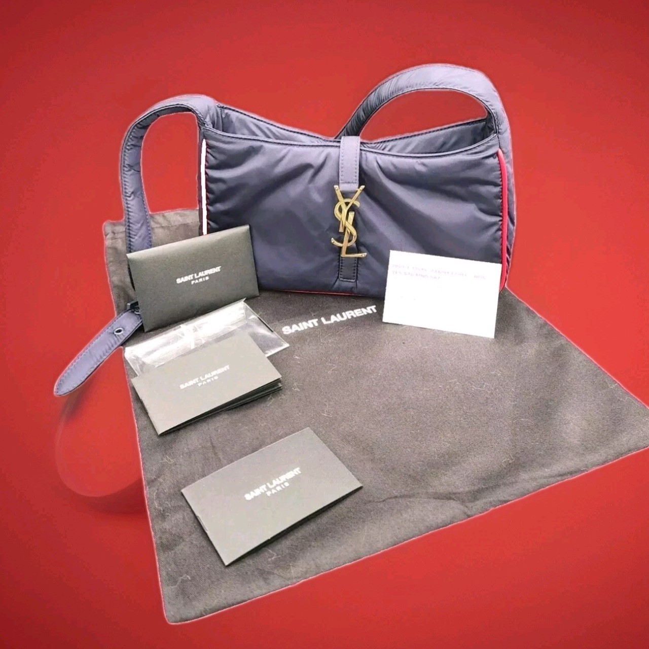 Borsa Saint Laurent Le 5À7 Mini Nylon Nero e Rosso Bordo Pelle YSL Serie #733294