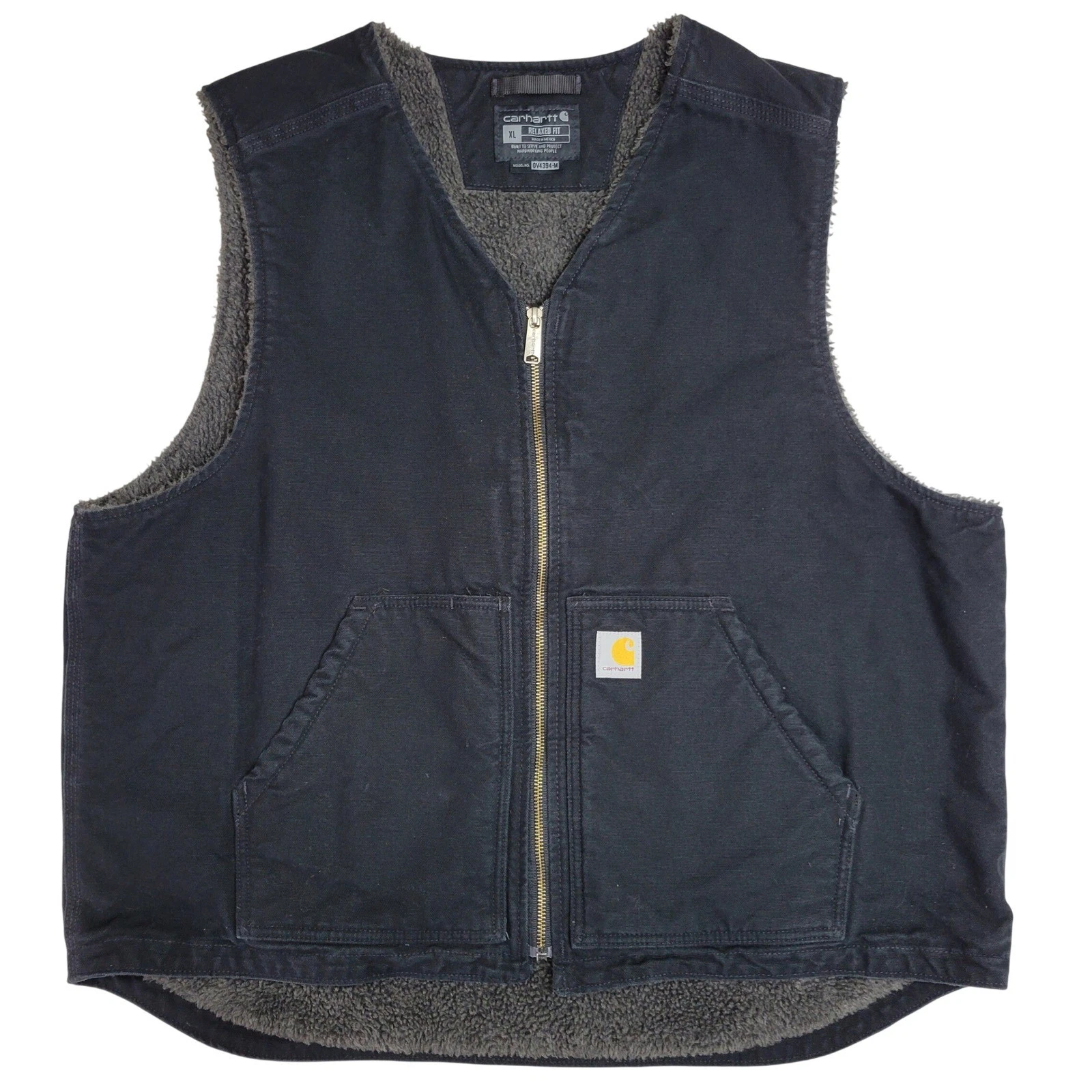 Carhartt Mens XL Relaxed Fit Sherpa Lined Black Canvas Zip Vest OV4394-M