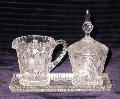 Vintage 1970s Gorham Cut Crystal Lidded Sugar Bowl Creamer & Tray Set Festivity