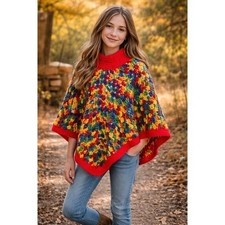 Vintage 70s Crochet Poncho Kids Rainbow Chunky Knit Boho Handmade Cape
