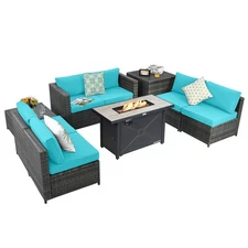 9 PCS Ratio Furniture Set w/ 42" Fire Pit Table & Coffee Table & Seats Turquoise