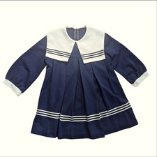 Vintage Toddler Girls Collectible Nautical Navy Blue Bibbed Pleated Sailor Dress