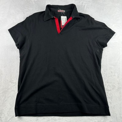 Prada Mens XL SJM252 Piquet Polo Shirt Nero Black Red Trim Italy Designer