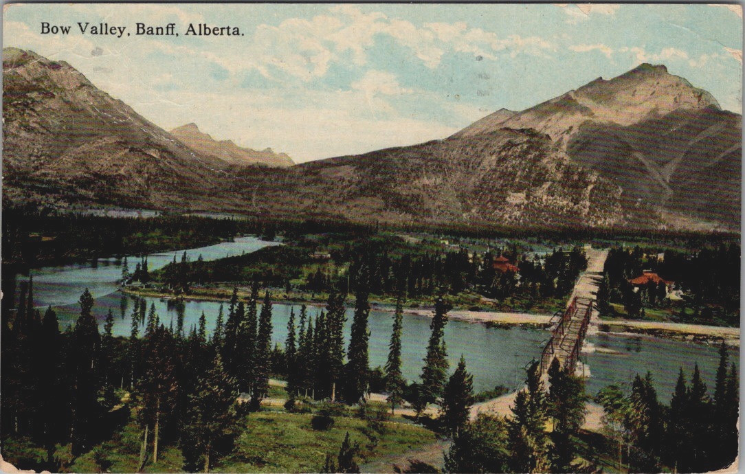 Narrow Bridge Over a River at Bow Valley Banff Alberta Canada Postcard c1920