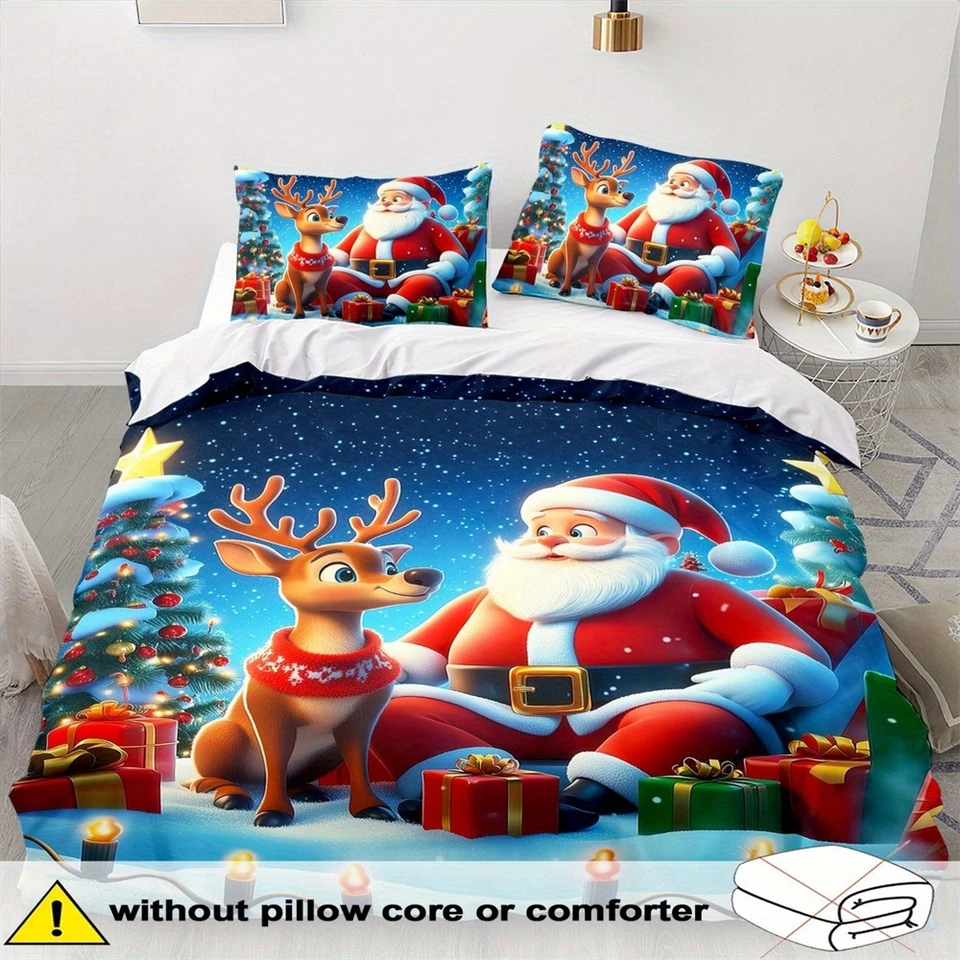 Juego de funda nórdica de edredón de reno de Papá Noel funda de almohada doble decoración completa Queen King Foto 4 de 4