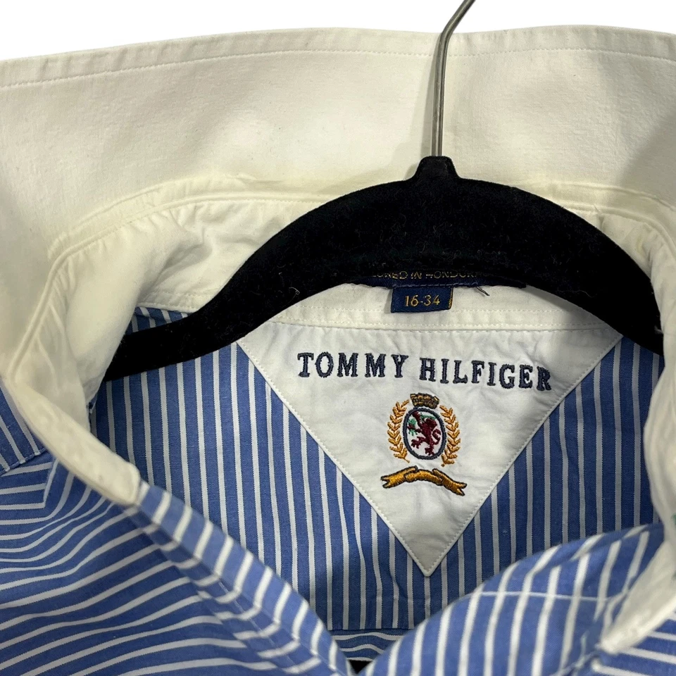 Camisa de vestir Tommy Hilfiger para hombre azul a rayas manga larga cuello talla 16-34 Foto 4 de 4