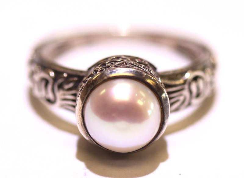 925 sterling silver 7.75mm pearl carved ring 4.8g fashion estate vintage 7