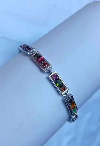 Pulsera rectangular de piedras preciosas ovaladas de turmalina de plata de ley 925 hecha a mano joyería - Imagen 6 de 14