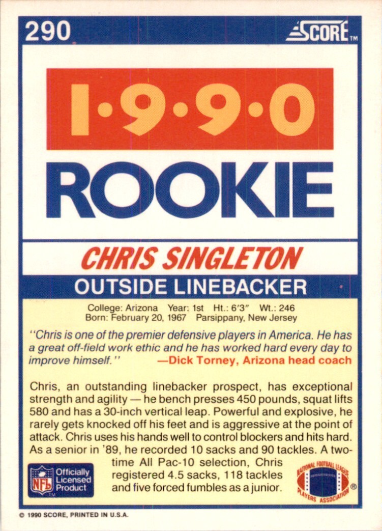 1990 Score Chris Singleton Rookie Arizona Wildcats #290 NFL
