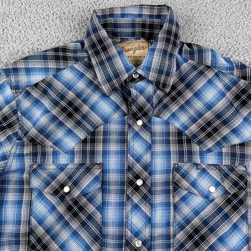 Wrangler Hemd Herren Small Blue Pearl Snap Western Rodeo Cowboy kariert leicht