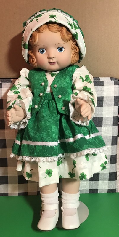 Porcelain Doll Hand Made Outfit Irish Shamrock Print 18” Stand And Dust Cover