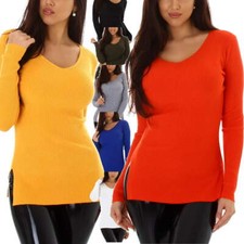 Damen Pullover lang V-Ausschnitt Hüftschlitz Rippoptik Streifen Sweatshirt 36-38