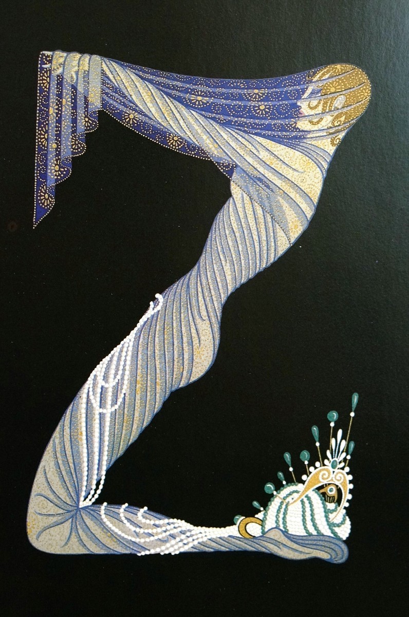 エルテ　ハートⅠ 美術　アート　206/300 ハート・アンド・ゼファー Erte 1982 Alphabet Series - Z -Veiled LADY in PEARLS Matted Print