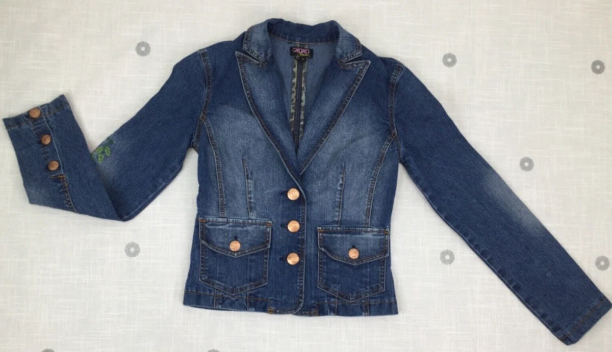 XOXO Blue Denim Floral Rose Embroidered Crop Stretch Jean Jacket