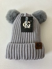 C.K. Youth Knit Ribbed Beanie With Faux Fur Pom Poms Double Insulated Winter Hat