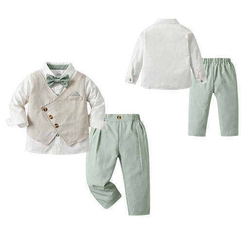 Baby Boys Gentleman Suit Long Sleeve Lapel Button Closure Bowknot Decorated Tops - Picture 16 of 33
